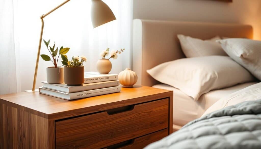 A beautifully styled bedroom nightstand, showcasing a harmonious blend of decor elements and practicality. In the foreground, a sleek wooden nightstand with a warm finish, adorned with a stylish lamp emitting soft, warm light. On the surface, neatly arranged items include a small potted plant, a stack of curated books, and a delicate ceramic vase filled with fresh flowers. In the middle ground, a well-made bed with cozy bedding and textured throw pillows invites relaxation. The background features softly blurred elements of the bedroom, such as a light-colored wall and an airy window allowing bright natural light to flood the space. The scene conveys a serene and intentional atmosphere, ideal for a thoughtful bedroom styling. The image captures a bright and airy feeling, emphasizing clarity and elegance.