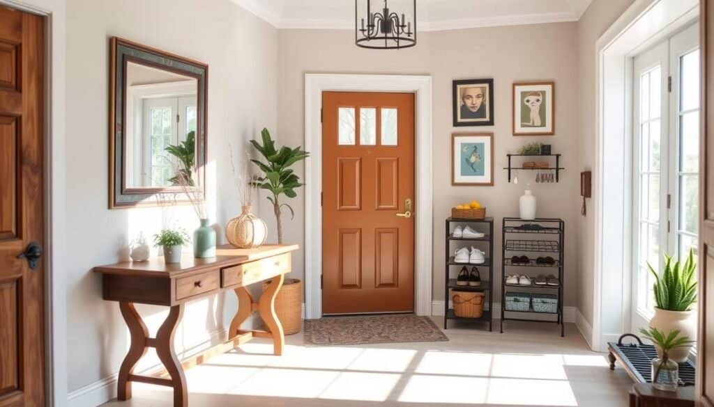A beautifully styled entryway featuring a harmonious blend of rustic and modern design elements. In the foreground, an inviting wooden console table adorned with potted greenery and a decorative vase. The middle features an elegantly framed mirror hung above the table, reflecting soft sunlight filtering through a nearby window. The background showcases a welcoming door painted in a warm hue, surrounded by tasteful wall art and a stylish shoe rack. The space is bright and airy, illuminated by gentle, natural lighting that casts soft shadows, creating a serene and inviting atmosphere. Capture a wide-angle view to emphasize the spatial flow, ensuring a balance between decor and functionality that inspires warmth and style.