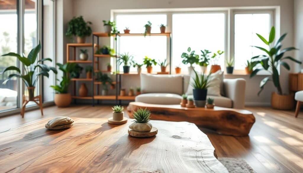 A beautifully styled interior space featuring sustainable wood elements, primarily in the foreground, including a finely crafted wooden coffee table made from reclaimed wood, adorned with small potted plants and natural stone coasters. In the middle ground, there are shelves made of raw wood displaying a variety of green indoor plants, harmonizing with a subtle, earthy color palette. The background features large windows allowing bright, soft sunlight to fill the room, enhancing the warmth of the wood tones and giving an airy feeling to the space. The scene conveys a tranquil and intentional atmosphere, inviting a sense of calm and connection to nature, perfect for organic styling ideas. The image is well-lit and captures the details of the wood grain and plant textures, showcasing sustainable living decor.