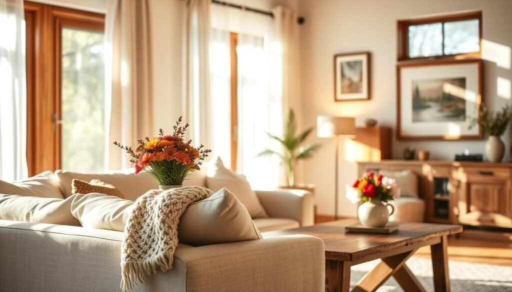 A beautifully styled living room bathed in warm, natural light, showcasing seasonal lighting adjustments. In the foreground, a cozy seating area features a plush neutral sofa adorned with soft throw pillows, an inviting knitted blanket draping over the armrest. A rustic wooden coffee table holds a vase of fresh seasonal flowers. The middle layer reveals a well-placed table lamp with a warm glow, accentuating the tranquil atmosphere. In the background, large windows allow soft, dappled sunlight to filter through sheer curtains, creating dynamic shadows and highlights on the wall. The room is adorned with carefully selected art pieces and natural wood accents, evoking a warm, welcoming feel. The overall mood is inviting, serene, and perfect for relaxation or social gatherings. The composition is shot from a slightly elevated angle to capture the full ambiance. A beautifully styled living room bathed in warm, natural light, showcasing seasonal lighting adjustments. In the foreground, a cozy seating area features a plush neutral sofa adorned with soft throw pillows, an inviting knitted blanket draping over the armrest. A rustic wooden coffee table holds a vase of fresh seasonal flowers. The middle layer reveals a well-placed table lamp with a warm glow, accentuating the tranquil atmosphere. In the background, large windows allow soft, dappled sunlight to filter through sheer curtains, creating dynamic shadows and highlights on the wall. The room is adorned with carefully selected art pieces and natural wood accents, evoking a warm, welcoming feel. The overall mood is inviting, serene, and perfect for relaxation or social gatherings. The composition is shot from a slightly elevated angle to capture the full ambiance.