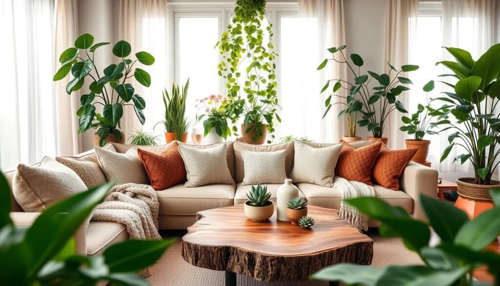 A beautifully styled living room featuring an array of vibrant green plants, including a tall fiddle leaf fig and cascading pothos on a stylish wooden shelf. The foreground showcases a cozy beige sofa adorned with textured throw pillows and a soft knit blanket. In the middle, a rustic wooden coffee table holds a few succulents and a cup of tea, inviting relaxation. The background features large windows with sheer curtains, allowing bright, soft sunlight to fill the space, enhancing the natural atmosphere. The overall mood is warm and inviting, reflecting a harmonious blend of indoor comfort and nature, ideal for a biophilic design. Use a wide-angle lens to capture the full essence of the room while maintaining focus on the plants. A beautifully styled living room featuring an array of vibrant green plants, including a tall fiddle leaf fig and cascading pothos on a stylish wooden shelf. The foreground showcases a cozy beige sofa adorned with textured throw pillows and a soft knit blanket. In the middle, a rustic wooden coffee table holds a few succulents and a cup of tea, inviting relaxation. The background features large windows with sheer curtains, allowing bright, soft sunlight to fill the space, enhancing the natural atmosphere. The overall mood is warm and inviting, reflecting a harmonious blend of indoor comfort and nature, ideal for a biophilic design. Use a wide-angle lens to capture the full essence of the room while maintaining focus on the plants.