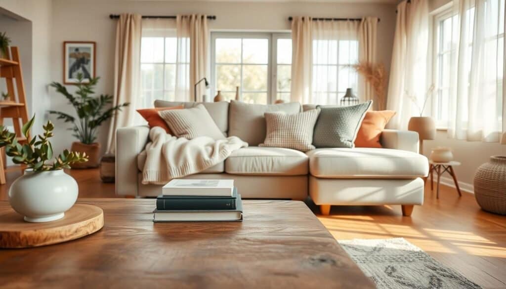 A beautifully styled living room with thoughtful accessorizing that feels natural and easy. In the foreground, a rustic wooden coffee table with carefully curated decor items: a small potted plant, a stack of art books, and a delicate ceramic vase. In the middle, a cozy sectional sofa draped with a soft, neutral-colored throw and adorned with a mix of textured cushions in earthy tones. In the background, a warm, airy space bathed in soft natural light, featuring large windows framed by sheer curtains that gently diffuse the sunlight. The atmosphere is inviting and serene, embodying a clutter-free aesthetic that highlights a harmonious blend of functionality and style. The angle showcases the room's depth, emphasizing the balance between accessories and open space. A beautifully styled living room with thoughtful accessorizing that feels natural and easy. In the foreground, a rustic wooden coffee table with carefully curated decor items: a small potted plant, a stack of art books, and a delicate ceramic vase. In the middle, a cozy sectional sofa draped with a soft, neutral-colored throw and adorned with a mix of textured cushions in earthy tones. In the background, a warm, airy space bathed in soft natural light, featuring large windows framed by sheer curtains that gently diffuse the sunlight. The atmosphere is inviting and serene, embodying a clutter-free aesthetic that highlights a harmonious blend of functionality and style. The angle showcases the room's depth, emphasizing the balance between accessories and open space.