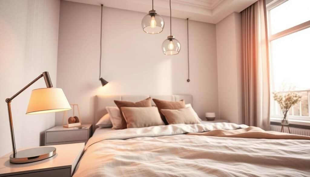 A beautifully styled modern bedroom showcasing innovative lighting ideas, featuring a layered approach to ambiance. In the foreground, a stylish bedside table with a sleek, minimalist lamp casting a warm glow. The middle layer includes a cozy bed adorned with soft, textured linens and decorative pillows, while elegant pendant lights hang above, diffusing soft light. The background reveals large windows allowing bright, natural light to illuminate the room, creating an airy and inviting atmosphere. Use a wide-angle lens to capture the harmonious balance of light and shadow, emphasizing the tranquil, sophisticated feel of the space. The overall mood is peaceful and thoughtfully designed, perfect for relaxation and comfort.