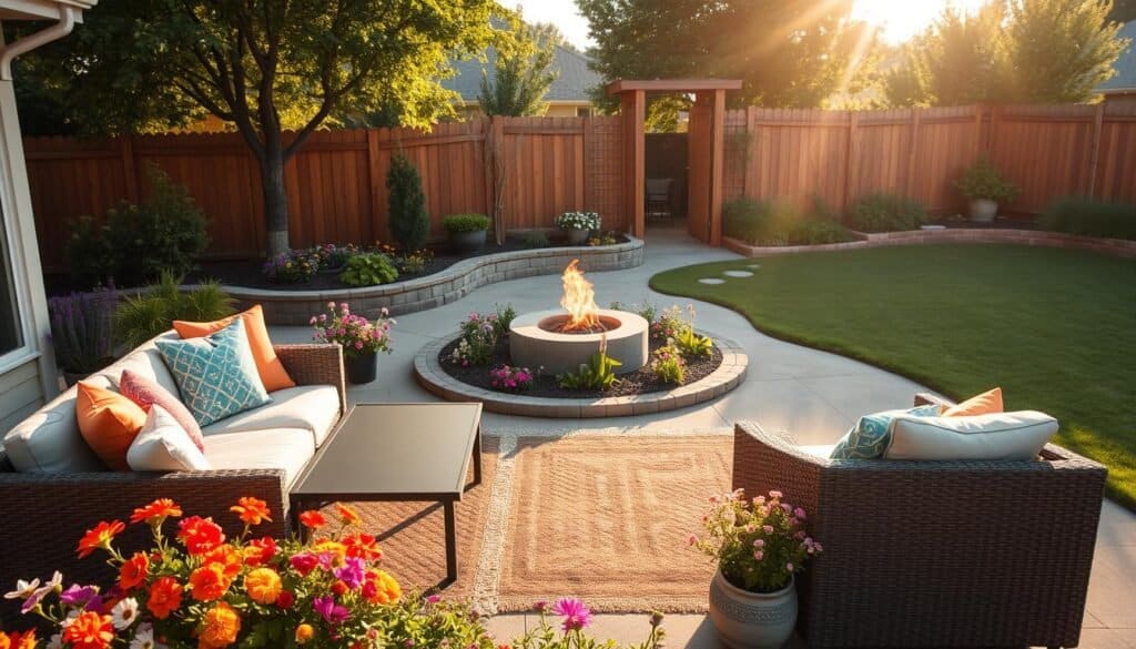 A beautifully transformed backyard showcasing simple yet impactful changes. In the foreground, a cozy seating area features a stylish outdoor sofa with colorful cushions and a sleek coffee table, inviting relaxation. In the middle, vibrant flower beds burst with seasonal blooms, and a small herb garden adds greenery and utility. A softly lit fire pit glows warmly, suggesting an evening gathering. The background includes a tasteful wooden fence and well-maintained grass, enhancing the serene atmosphere. The scene is bathed in bright, natural sunlight during golden hour, creating soft shadows and highlights. Capture this inviting setting from a slightly elevated angle to emphasize the layout while maintaining a warm and inviting mood, perfect for enticing viewers to spend time in their yards tonight.
