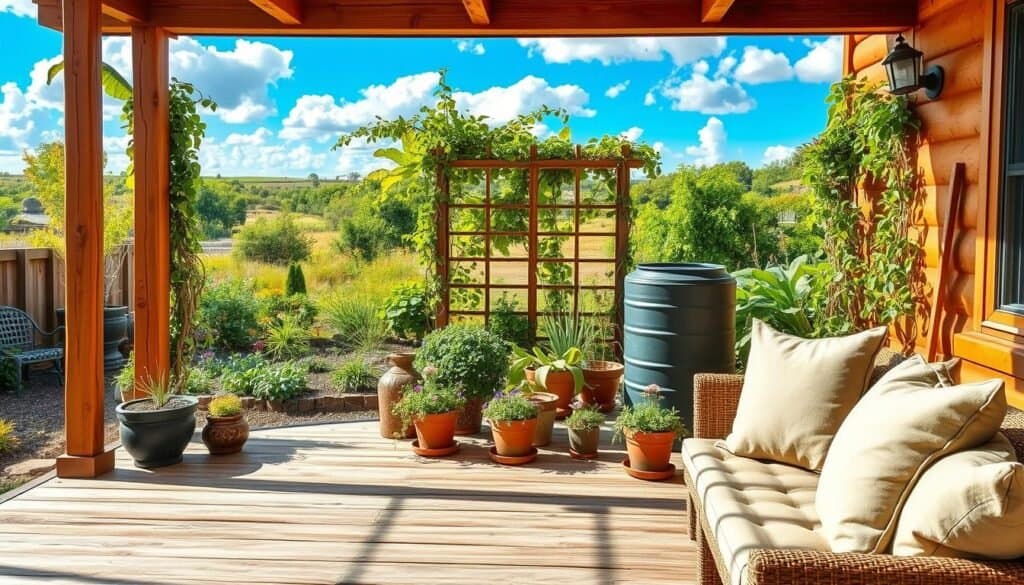 A beautifully transformed eco-friendly backyard showcasing a harmonious blend of nature and design. In the foreground, a rustic wooden deck with potted plants and a cozy seating area featuring plush, neutral-toned cushions. The middle ground reveals a lush garden filled with native plants, colorful flowers, and a small organic vegetable patch. A rainwater collection barrel stands beside a wooden trellis adorned with climbing vines. In the background, a serene landscape with a vibrant blue sky, fluffy white clouds, and sunlight filtering through green foliage creates a warm, inviting atmosphere. The scene is captured in bright, natural light, highlighting the textures of the wood and the vibrancy of the plants, emphasizing sustainability and comfort in outdoor spaces. The angle is slightly elevated to capture the expansive view of this welcoming eco-friendly retreat.