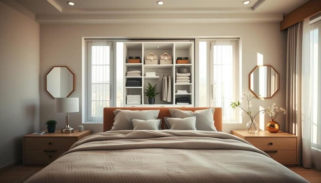 A beautifully upgraded bedroom scene showcasing a harmonious blend of modern decor and functional storage solutions. The foreground features a neatly made, cozy bed with a plush comforter and stylish throw pillows, surrounded by well-organized nightstands. In the middle, a spacious closet with open shelves displaying neatly folded clothes and a few potted plants adds a touch of greenery. The background features large windows allowing soft, natural light to fill the room, casting gentle shadows that create an inviting atmosphere. Use a wide-angle lens effect to capture the entire space, emphasizing the airy, well-lit environment. The mood is tranquil and inspiring, ideal for motivating viewers toward practical home upgrades.