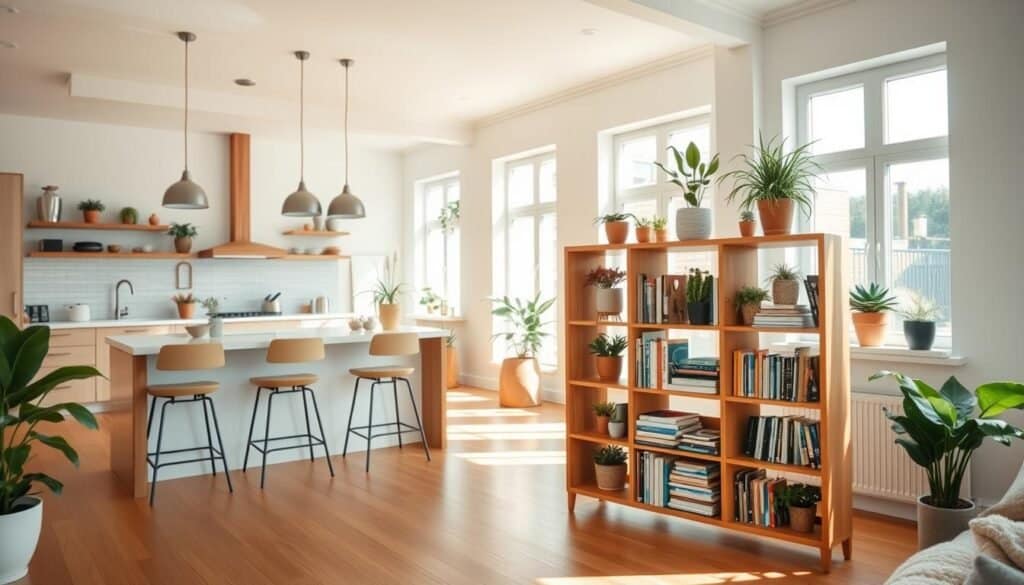 A bright, airy home interior featuring various DIY upgrades that enhance functionality. In the foreground, a beautifully crafted wooden shelving unit holds an array of potted plants and books, showcasing clever organization. To the left, a modern kitchen island with stylish bar stools and subtle decor highlights a functional space for cooking and casual dining. In the background, large windows allow soft, natural sunlight to fill the room, highlighting the fresh paint and new fixtures. The atmosphere is warm and inviting, with a clean, minimalist aesthetic. Capture this scene with a focus on depth and clarity, using a wide-angle lens to emphasize the spaciousness and the vibrant details of the home upgrades. The overall mood conveys creativity and practicality in a beautifully transformed living space.