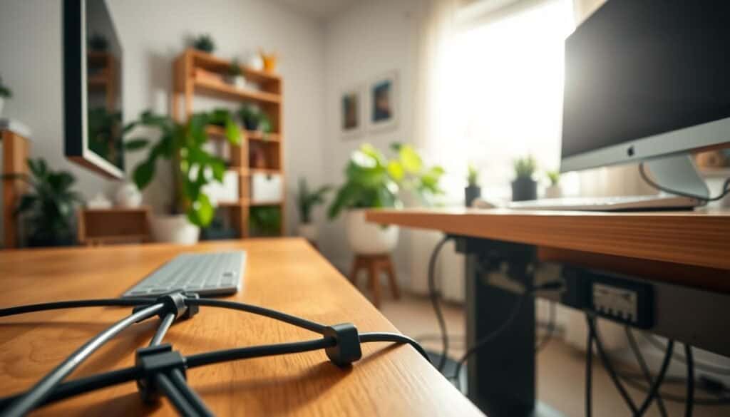 A bright, airy home office featuring a well-organized cable management system. In the foreground, show neatly arranged cables secured with cable ties and clips, along a wooden desk that has minimal clutter, emphasizing a clean workspace. The middle ground includes a stylish power strip mounted under the desk, with plugs organized and hidden from view, surrounded by plants for a touch of greenery. In the background, a sunlit window filters in soft, warm sunlight, highlighting the overall neatness of the room. The atmosphere should feel serene and productive, capturing the essence of a tidy, efficient workspace. Use a wide-angle lens to create depth and a welcoming mood, ensuring the focus is on the cable management system itself without any distractions.