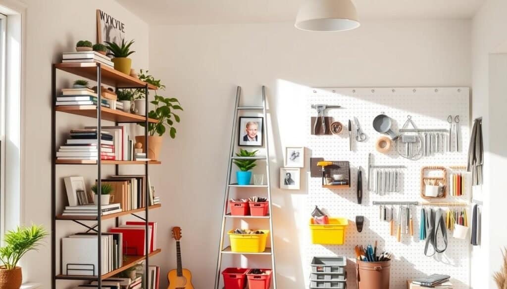 A bright, airy interior showcasing innovative vertical storage solutions for small spaces. In the foreground, a stylish wall-mounted shelving unit filled with neatly organized books, decorative plants, and personal items, creating an inviting atmosphere. The middle ground features a sleek, multi-tiered ladder shelf displaying colorful storage baskets and framed photos. In the background, a well-lit wall reveals pegboards with hooks holding tools and art supplies, enhancing functionality. Soft natural light streams through a nearby window, illuminating the scene and casting gentle shadows. The mood is creative and inspiring, perfect for DIY enthusiasts looking to maximize their wall space with practical and aesthetic vertical storage ideas.