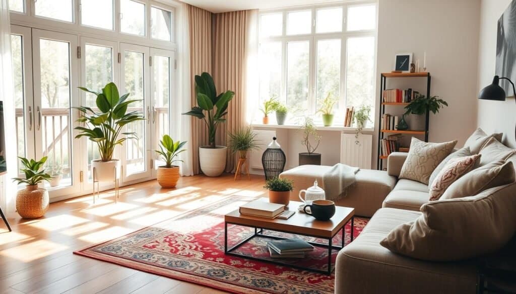 A bright, airy living room bathed in soft natural light, showcasing a mix of modern and classic decor. In the foreground, a cozy seating area with a plush sofa and decorative pillows invites relaxation. A stylish coffee table sits atop a vibrant area rug, displaying a few books and a steaming cup of tea. In the middle ground, large windows allow gentle sunlight to cascade in, casting intricate light patterns on the hardwood floor, highlighting the beauty of the space. Potted plants add a touch of greenery, enhancing the inviting atmosphere. In the background, a shelf lined with books, candles, and decorative items creates a warm ambiance. The overall mood is peaceful and harmonious, reflecting a perfect balance between comfort and sophistication. Use a warm color palette to evoke a sense of tranquility.
