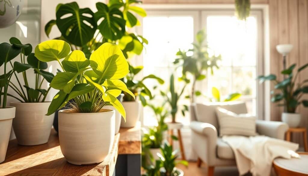 A bright, airy living space featuring an array of indoor plants such as fiddle leaf figs, pothos, and snake plants, arranged thoughtfully on a rustic wooden shelf. In the foreground, a simple ceramic pot with vibrant green foliage catches the soft, golden rays of sunlight streaming through a large window, illuminating the plants' textures. In the middle ground, a comfy, minimalistic armchair is placed beside the shelf, surrounded by a few more pots, emphasizing the theme of intentional design. The background includes a subtle hint of light wood paneling, creating a warm ambiance. The overall mood is calm, inviting, and peaceful, perfect for showcasing mindful plant selection in home styling.