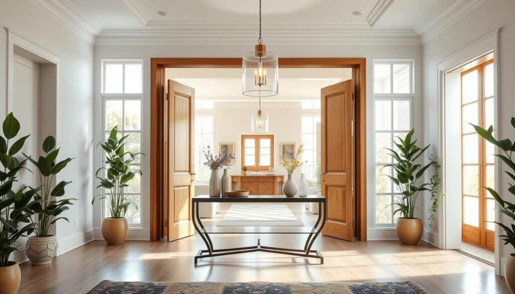 A bright and inviting entryway showcasing elegant lighting ideas. In the foreground, a stylish console table adorned with fresh flowers and decorative objects. The middle section features wide, open doors flanked by large windows, allowing soft, warm sunlight to flood the space. A sleek pendant light hangs gracefully from the ceiling, casting a gentle glow throughout the area. The background reveals a tastefully decorated hallway with light-colored walls and natural wood accents. Vertical plants frame the sides for a touch of greenery, enhancing the airy atmosphere. The scene conveys a sense of warmth and openness, ideal for a welcoming first impression, with pure, clear lighting that highlights the textures and colors of the décor.