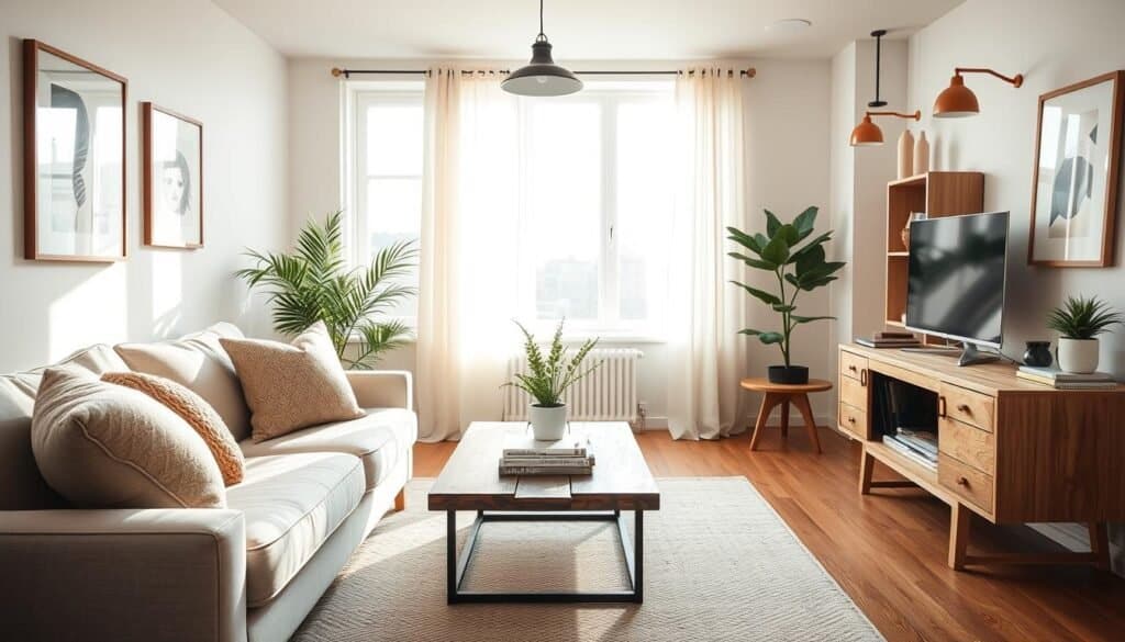 A bright and inviting small apartment living room, designed with a focus on realism and easy maintenance. In the foreground, a cozy, minimalist couch adorned with plush, neutral-colored throw pillows invites relaxation. The middle ground showcases a rustic wooden coffee table with a few decorative items, such as a potted plant and a stack of books. In the background, large windows allow soft sunlight to flood the room, highlighting soft, airy curtains that flutter gently. Warm, natural wood tones dominate the decor, complemented by simple wall art and industrial-style lighting fixtures. The atmosphere is calm and welcoming, reflecting a lifestyle that values comfort and practicality, while being tastefully decorated. Aim for a well-balanced composition, captured at eye level with a slight depth of field effect for focus.