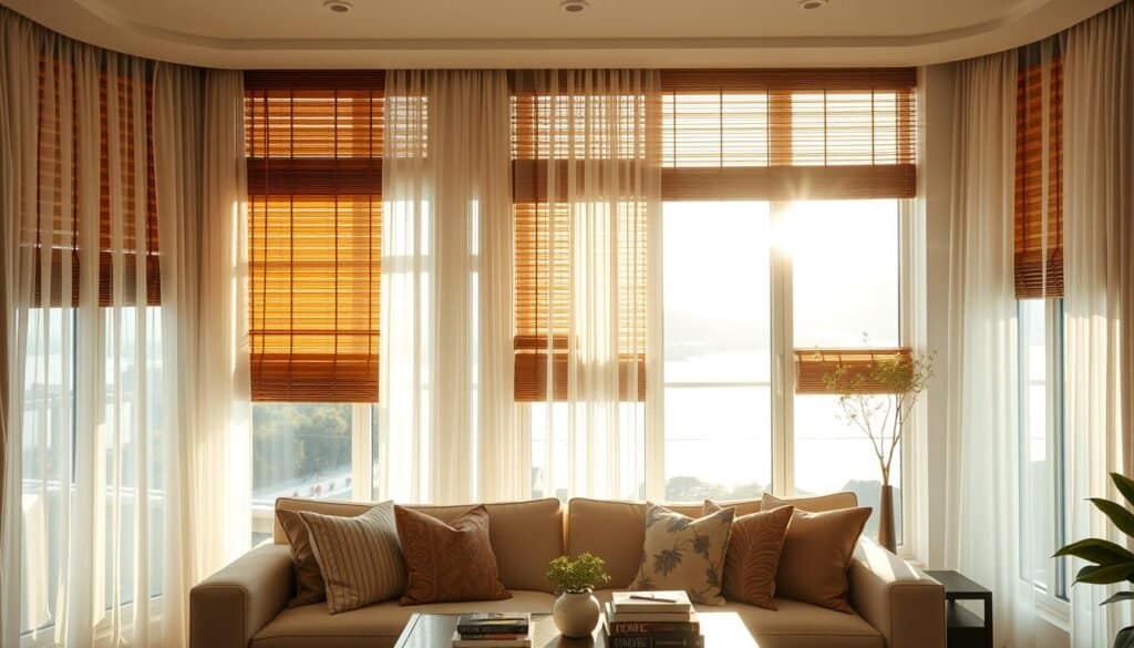 A bright living room featuring elegant natural light window treatments, such as sheer curtains and wooden blinds, allowing soft sunlight to filter through. In the foreground, a cozy sofa adorned with decorative cushions is positioned strategically to maximize light exposure. The middle ground includes a stylish coffee table with a few books and a small indoor plant, creating an inviting atmosphere. In the background, large windows with a scenic view enhance the airy feel of the space. Capture this scene with a warm, inviting ambiance, using a wide-angle lens to emphasize the openness and comfort. The overall mood should be serene and tranquil, showcasing the importance of natural light in a comfortable living space.