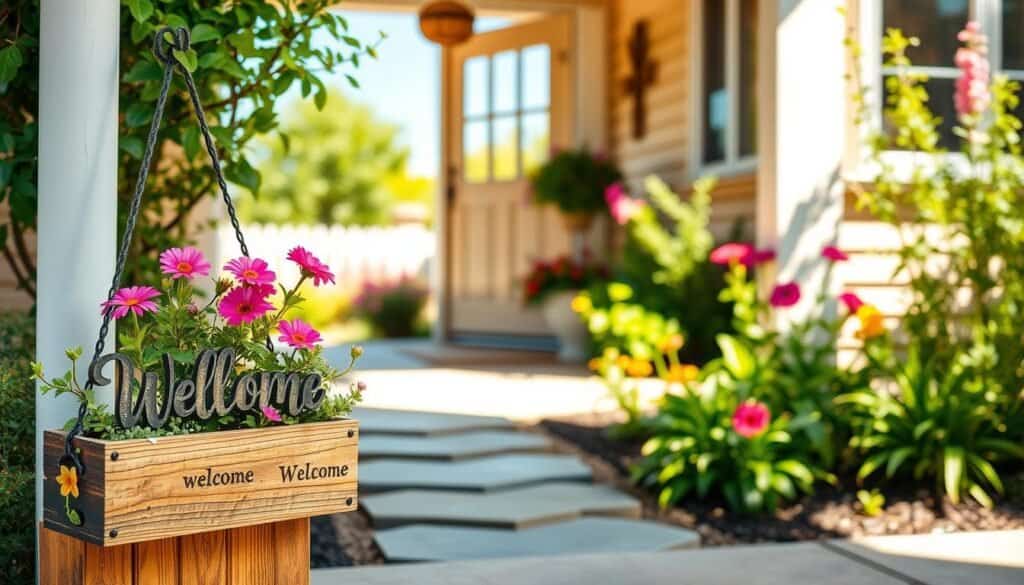 A charming DIY welcome sign with an integrated planter, featuring rustic wooden elements and vibrant blooming flowers, placed prominently in the foreground. The sign reads "Welcome" in an inviting cursive font, adorned with decorative elements like small leaves or vines. The middle ground showcases a well-kept entryway, with stepping stones leading up to a warm and inviting front door painted in a soft pastel color. In the background, a sunny garden is visible with lush greenery and a clear blue sky, enhancing the cheerful atmosphere. The scene is lit by soft, natural sunlight, creating a bright and airy feel, captured from a slightly elevated angle to emphasize the welcoming charm of the entryway environment.