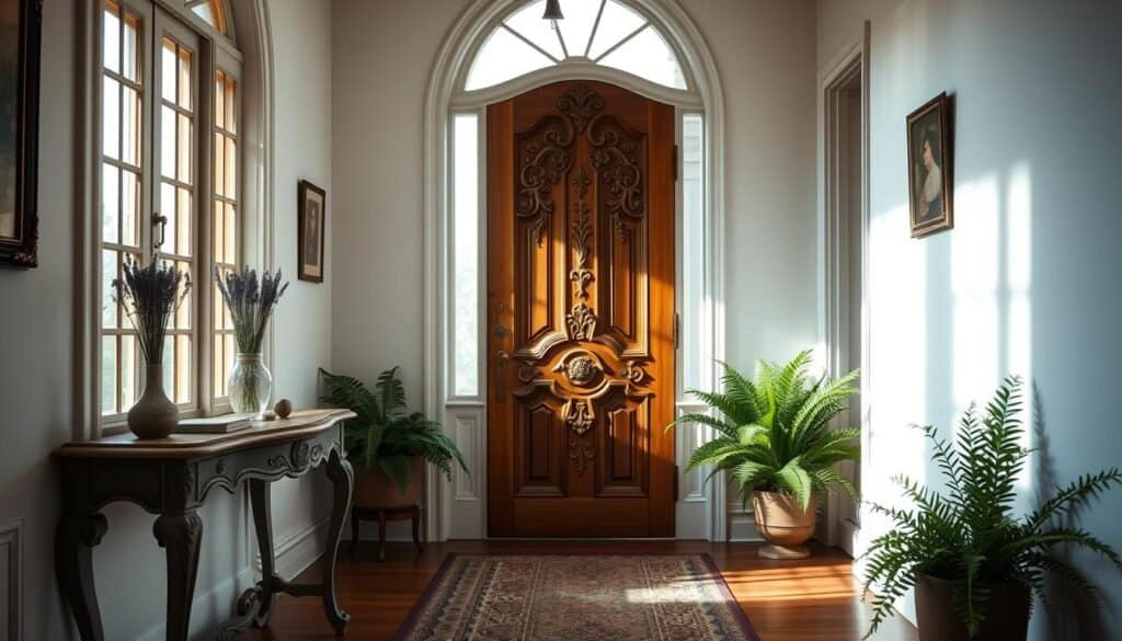 A charming French-inspired entryway featuring an ornate wooden door with intricate carvings, framed by elegant side windows. The foreground showcases a vintage console table adorned with a delicate vase of fresh lavender and a few stylishly placed books. The middle ground includes a rustic, patterned runner leading to the door, while lush potted ferns add a touch of greenery. In the background, soft white walls are highlighted by natural light streaming through an arched window, casting gentle shadows. The space is bathed in a warm, airy atmosphere, invoking a sense of sophistication and comfort. The lens captures the scene at eye level, emphasizing the details and textures of the woodwork and decor.
