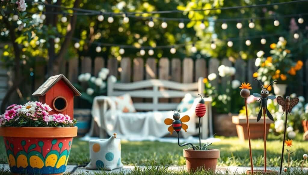 A charming backyard scene featuring creative DIY garden decorations that bring whimsy to an outdoor living space. In the foreground, vibrant flower pots painted with playful designs, a handmade birdhouse adorned with bright colors, and whimsical garden stakes shaped like insects. In the middle ground, a cozy seating area with a rustic wooden bench draped in soft fabric, surrounded by hanging string lights that create a magical atmosphere. The background showcases lush greenery and blooming flowers, with soft sunlight filtering through the leaves, casting gentle shadows. The mood is inviting and cheerful, reminiscent of a peaceful afternoon spent enjoying nature. Capture this scene from a slightly elevated angle to encompass the full beauty of these decorative elements in a well-lit, airy setting.