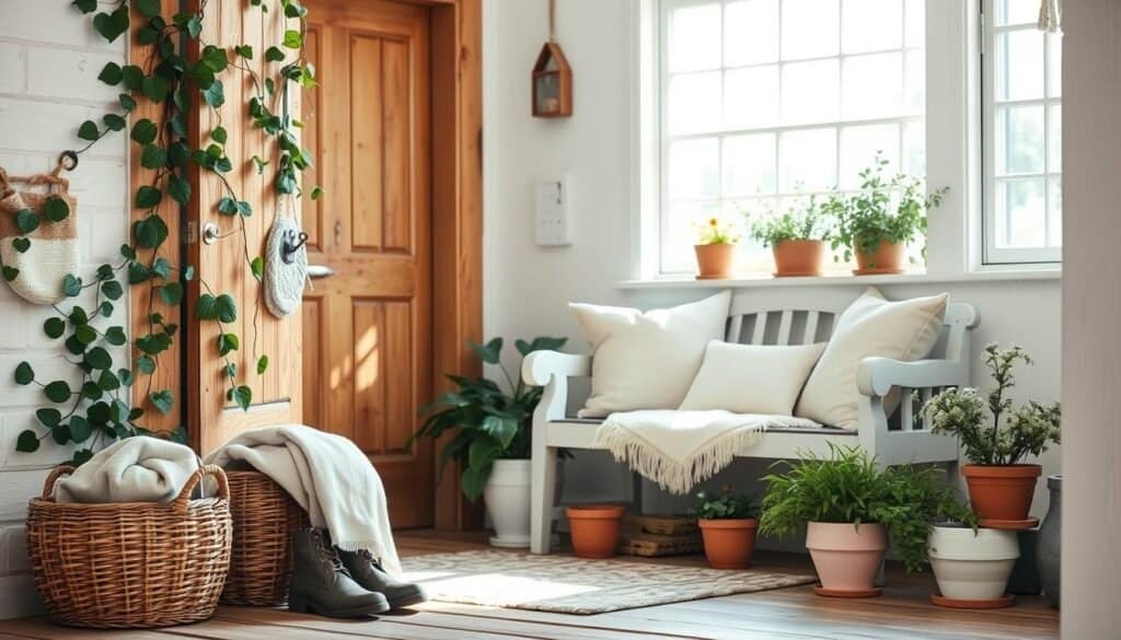 A charming cottage entryway, featuring a rustic wooden door surrounded by climbing vines and pastel flower pots. In the foreground, a woven basket with cozy throws sits beside a pair of well-worn boots. The middle area showcases a vintage bench adorned with soft cushions, flanked by potted greenery. In the background, soft natural light filters through a nearby window, casting gentle shadows and highlighting the warm wood tones and textures of the space. The overall atmosphere is inviting and serene, evoking a sense of comfort and warmth, perfect for a cottage-inspired home. Capture this scene using a soft-focus lens, emphasizing the bright daylight and airy ambiance.