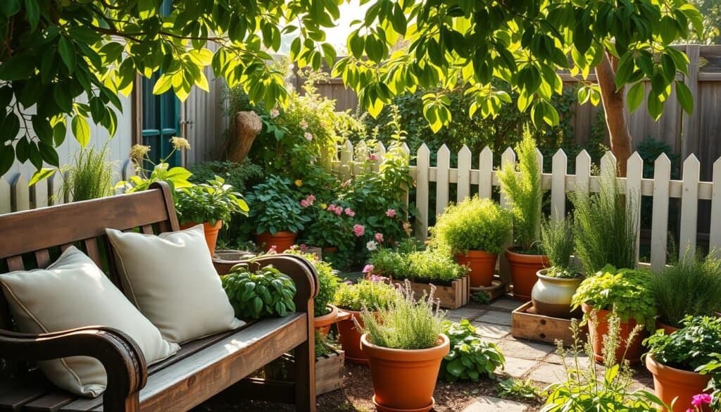A charming herb garden nestled in a cozy backyard setting, featuring an array of lush green herbs like basil, rosemary, and thyme, interspersed with vibrant flowers for a pop of color. In the foreground, include a rustic wooden bench with plush cushions, creating an inviting seating area. The middle ground displays terracotta pots and small wooden planters filled with fresh herbs, bathed in soft, warm sunlight filtering through green leaves overhead. In the background, a picket fence adds to the quaint atmosphere, while dappled light enhances the tranquil feel. The overall mood should be serene and comforting, embodying a peaceful oasis ideal for relaxation. The image captures the essence of a perfect backyard haven, inviting serenity and a sense of home.