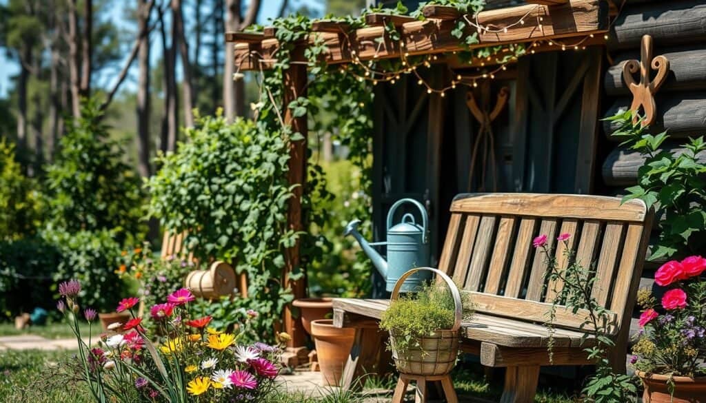 A charming rustic garden scene showcasing a cozy outdoor space adorned with handmade wooden decorations. In the foreground, a weathered wooden bench is surrounded by an array of colorful wildflowers and a small pot of herbs. In the middle, a rustic wooden trellis supports climbing vines, with twinkling fairy lights draped across it, creating a warm ambiance. Lush greenery surrounds the space, with an old-fashioned watering can placed thoughtfully near the bench. In the background, soft-focus woods and a clear blue sky enhance the serene atmosphere. The scene is bathed in soft sunlight, casting gentle shadows, evoking a feeling of tranquility and inviting relaxation. Capture this from a slightly elevated angle, allowing a natural perspective of the inviting garden charm.
