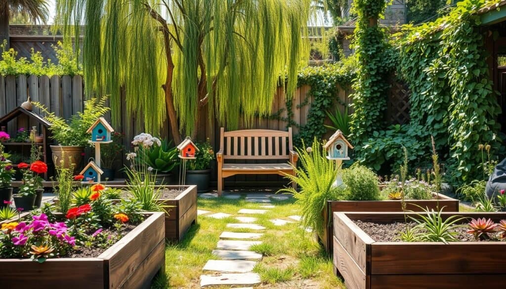 A cozy DIY backyard garden featuring an array of sensory elements. In the foreground, include charming raised wooden garden beds filled with vibrant flowers and herbs, alongside rustic stone pathways. In the middle, a small wooden bench nestled among lush greenery invites relaxation, while colorful birdhouses adorn nearby trees, enhancing nature's ambiance. In the background, a gently swaying willow tree and a fence covered with climbing vines add depth and tranquility to the scene. The setting is bathed in bright, soft natural light, creating an airy atmosphere that conveys warmth and comfort. Capture the image from a slightly elevated angle to showcase the layout and inviting design of the space, emphasizing the balance of nature and functional beauty.
