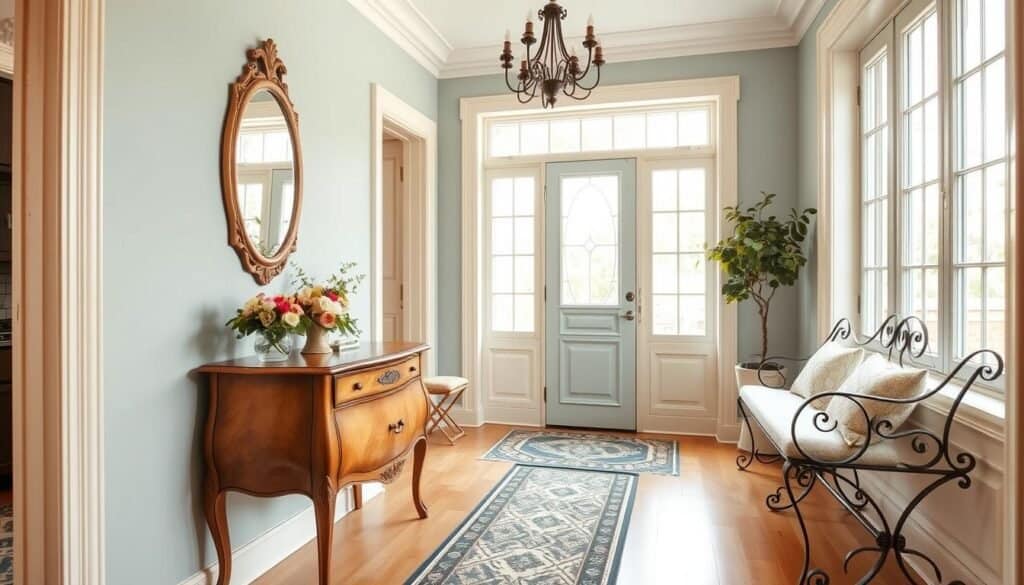 A cozy French-inspired apartment entryway, showcasing elegant decor elements. In the foreground, a vintage-style wooden console table adorned with a beautiful arrangement of fresh flowers and a chic mirror hanging above. In the middle, inviting soft colors of pastel blue and cream walls enhance the space, with a stylish patterned runner leading to the door. To the side, a small wrought-iron bench with plush cushions offers a warm touch. In the background, large windows bathe the scene in bright natural light, creating an airy atmosphere. Light wood flooring complements the decor. The overall mood is inviting and sophisticated, ideal for creating a clutter-free yet stylish entryway.
