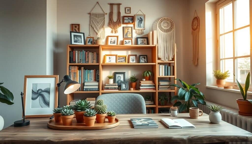 A cozy, aesthetic DIY room decor scene featuring a well-organized workspace. In the foreground, a rustic wooden desk adorned with handcrafted decor items like succulent plants in terracotta pots, a framed art print, and a small vintage inspired lamp casting soft light. The middle layer showcases a beautifully arranged bookshelf filled with colorful books, personalized photo frames, and DIY projects like macramé wall hangings. In the background, large windows allow warm, natural light to fill the space, enhancing the inviting atmosphere. The walls are painted in muted pastel tones, adding to the calming ambiance. The room reflects a stylish yet practical environment, ideal for both teens and adults interested in DIY projects.