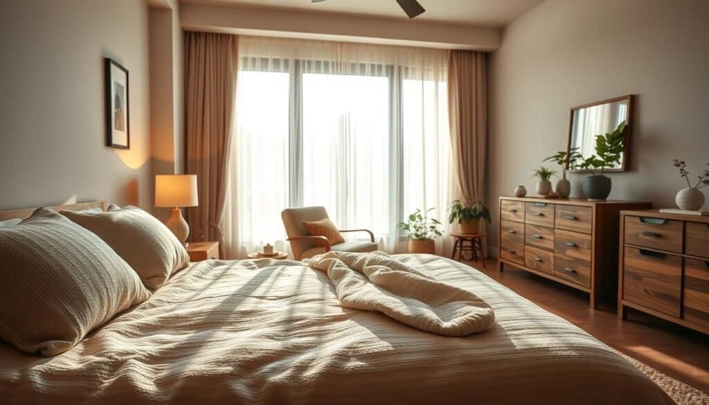 A cozy and inviting bedroom scene that embodies comfort and natural vibes. The foreground features a plush, inviting bed with a soft, textured duvet in neutral tones, surrounded by an arrangement of fluffy pillows. A small wooden nightstand with a warm lamp sits beside the bed, casting a gentle glow. In the middle, a stylish armchair is placed near a large window, draped with sheer curtains that let in bright, airy natural light. The background showcases tasteful, minimalist decor with potted plants and a wooden dresser, enhancing the serene atmosphere. The image captures soft sunlight filtering through the window, creating a warm, peaceful vibe, perfect for relaxation and comfort. The angle is slightly elevated, providing a panoramic view of this tranquil space.