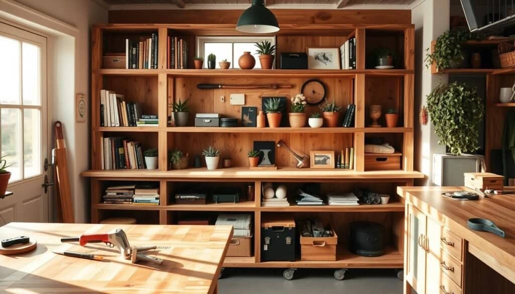 A cozy and inviting home workshop featuring a beautifully crafted DIY shelving unit made from reclaimed wood. In the foreground, showcase the sturdy shelves filled with organized items like books, plants, and decorative boxes, emphasizing the practical use of space. The middle ground includes a workbench with basic tools like a saw, hammer, and measuring tape, suggesting an active DIY project in progress. The background reveals bright natural light streaming through a window, creating a warm and airy atmosphere with soft sunlight illuminating the wooden surfaces. The scene encapsulates a creative and productive mood, ideal for inspiring home improvement enthusiasts.