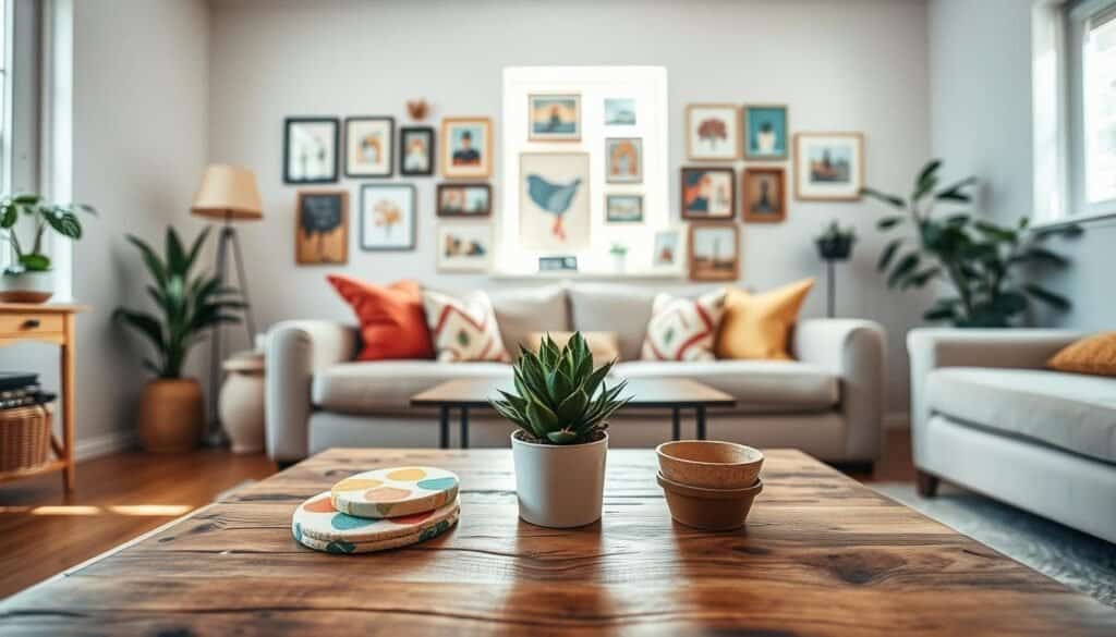 A cozy and inviting living room featuring affordable DIY home decor ideas. In the foreground, a rustic wooden coffee table holds a small potted plant and colorful, handmade coasters. The middle ground showcases a charming gallery wall with an eclectic mix of framed art, including simple paintings and photo collages, all crafted with basic tools. The background reveals a softly lit window, allowing bright, natural light to filter in, casting gentle shadows. The overall atmosphere is warm and welcoming, perfect for showcasing creativity without expensive tools. The scene is photographed with a wide-angle lens to capture the entire space, emphasizing the airy and well-lit ambiance.