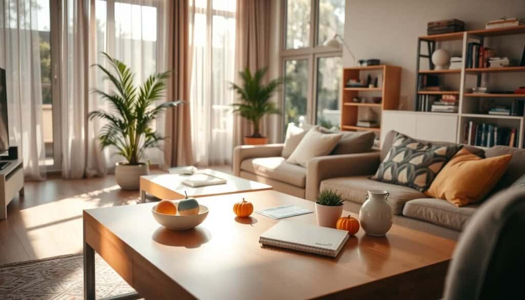 A cozy and inviting living room, showcasing an open space assessment. In the foreground, a stylish coffee table adorned with colorful decorative items and a notepad, suggesting an active lifestyle analysis. The middle ground features a comfortable sofa, arranged to create a warm gathering spot, with sunlight filtering through sheer curtains, casting soft shadows. A potted plant adds a touch of nature, enhancing the airy feel. In the background, large windows reveal a bright, sunlit day outside, while shelves display neatly organized books and personal items, reflecting a well-lived space. The overall mood is harmonious and reflective, promoting a sense of calm and introspection, captured in warm tones and natural light.