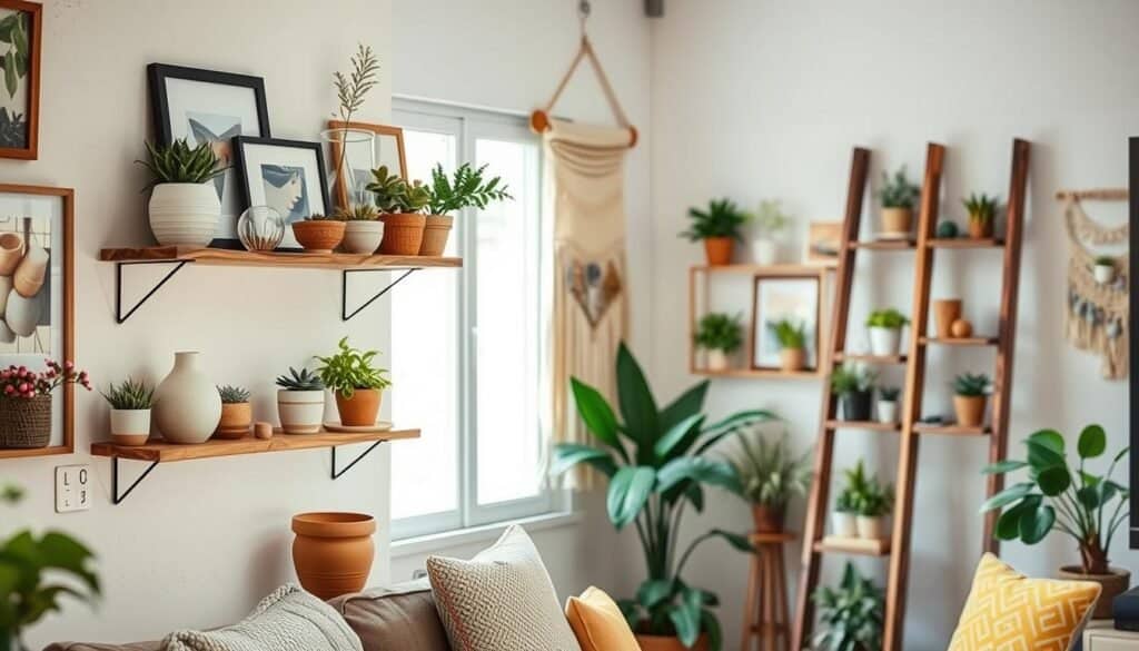 A cozy and inviting small living space filled with decorative DIY projects that enhance character without occupying much room. In the foreground, the scene features a crafted wall-mounted shelf showcasing potted indoor plants, handmade ceramic vases, and framed artwork. The middle ground reveals a soft, colorful macramé wall hanging and a rustic wooden ladder repurposed as a display for various small décor items. The background consists of bright, airy windows allowing soft natural light to filter in, creating a warm atmosphere. The overall mood is creative and lively, perfect for a home where every inch counts. Use a wide-angle lens to capture the depth of the space, emphasizing the harmonious blend of décor and functionality.