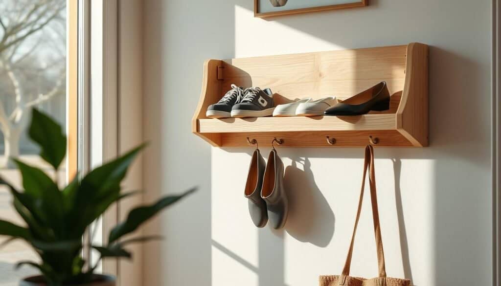 A cozy and modern DIY wall mount shoe rack showcasing a minimalist design, crafted from light-colored wood with visible grain textures. The rack is mounted on a softly painted wall, adorned with a few neatly arranged shoes, including stylish sneakers and elegant flats. In the foreground, a small potted plant adds a touch of greenery, while a well-placed decorative item enhances the aesthetic. The middle of the image features the shoe rack highlighted by bright natural light, filtering through a nearby window, casting gentle shadows that create a calm and airy atmosphere. The background is blurred, emphasizing the shoe rack while keeping the setting of a stylish, decluttered entryway in mind, reflecting a sense of relaxation and productivity. The overall mood is inviting and inspiring, perfect for a warm weekend project.