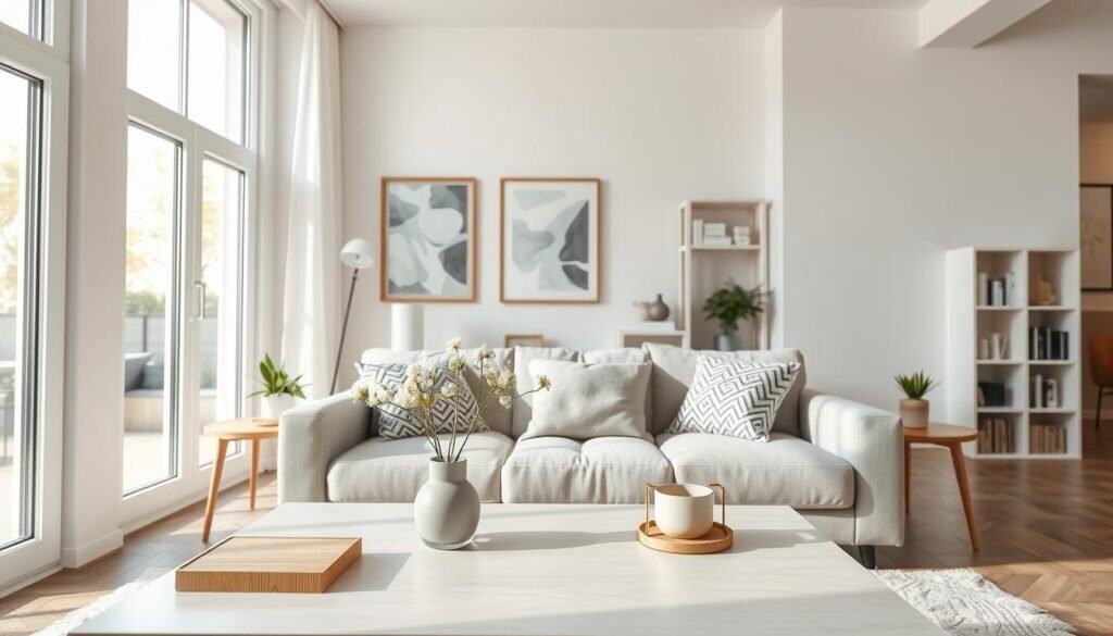 A cozy and stylish living room that feels easy to maintain, featuring a light-filled space with large windows allowing soft natural sunlight to flood in. The foreground showcases a neatly arranged coffee table with minimalistic décor, such as a simple vase with fresh flowers and a couple of stylish coasters. The middle ground includes a comfortable, modern sofa in neutral tones adorned with throw pillows that add a touch of color. On the walls, there are framed artworks with abstract designs, enhancing the airy atmosphere. The background highlights a clean bookshelf with neatly organized books and subtle greenery. The lighting is bright and inviting, evoking a warm and approachable mood, perfect for a relaxed living area that emphasizes practicality and ease.