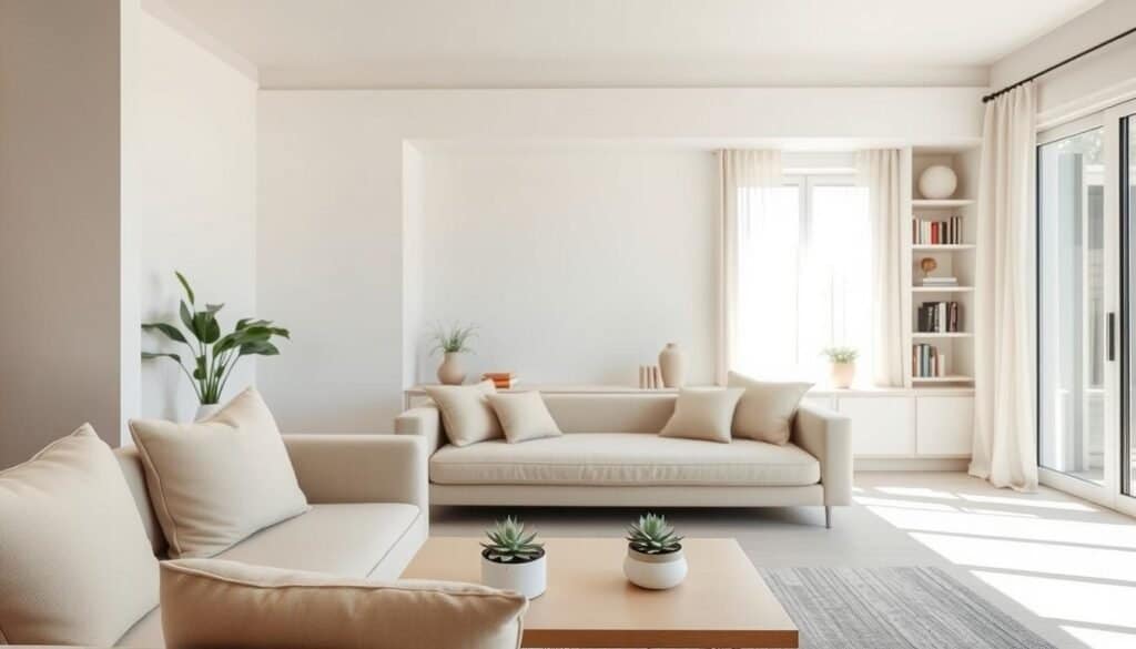 A cozy and stylish low-maintenance living room, featuring a minimalist design with a light-color palette. In the foreground, a comfortable sofa with soft, neutral cushions and a simple coffee table adorned with a few well-placed, low-maintenance succulents. In the middle, a well-organized space with functional storage solutions, like built-in shelves filled with books and decorative items that require little upkeep. The background showcases a large window that allows bright, natural light to flood in, highlighting the airy atmosphere created by sheer curtains. A soft sunlight casts gentle shadows across the room, enhancing the inviting feel. The overall mood is relaxed and welcoming, emphasizing a balance between style and ease of maintenance, capturing the essence of practical living room design.