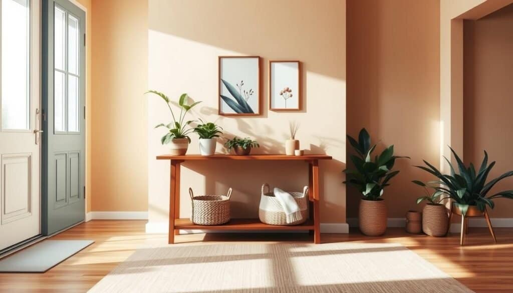 A cozy apartment entryway featuring a harmonious color scheme that radiates warmth and tranquility. In the foreground, a tasteful wooden console table adorned with potted plants and a soft, woven basket. The middle layer showcases a welcoming rug in muted earth tones, complemented by subtle wall art that reflects nature. The background reveals a softly painted wall in warm beige, illuminated by bright natural light streaming through a nearby window, casting gentle shadows. The scene is captured from a slightly angled perspective to enhance depth. The overall atmosphere is inviting and serene, evoking a sense of comfort and organization, ideal for a welcoming entrance that feels uncluttered yet personal.