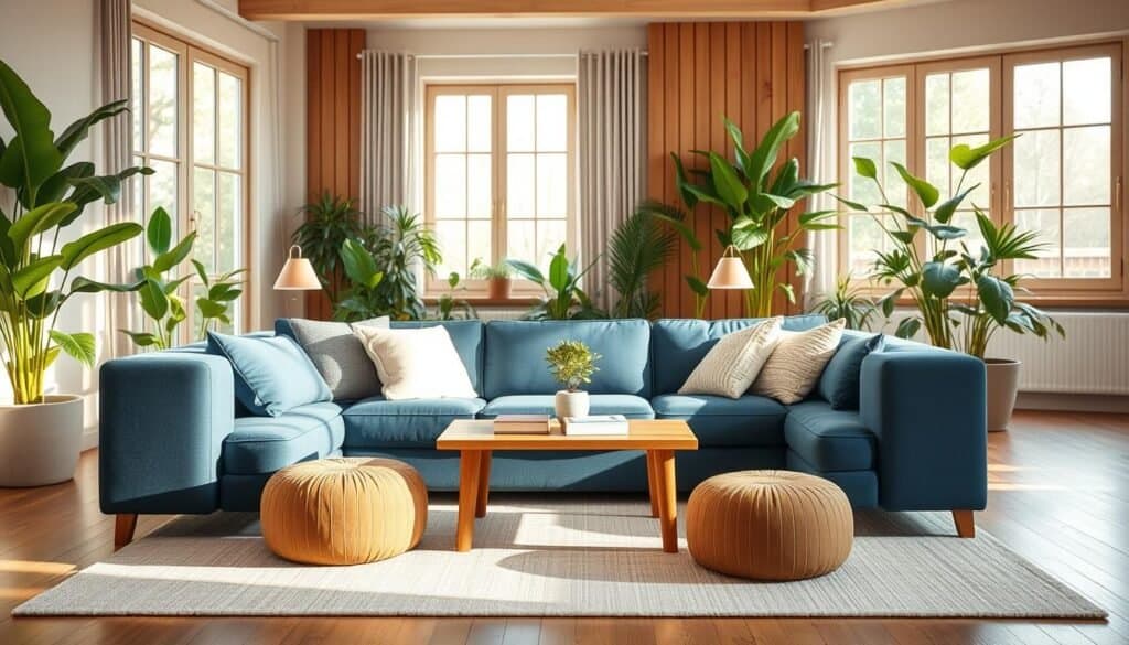 A cozy apartment interior showcases a harmonious color scheme that reflects tranquility and warmth. In the foreground, a plush, deep blue sofa adorned with soft, textured throw pillows sits invitingly on a light-colored area rug. The middle layer features a wooden coffee table with a few neatly arranged books and a small potted plant, surrounded by soft, warm lighting from two vintage-style lamps. In the background, large windows let in bright, natural light, illuminating the airy space filled with green indoor plants that enhance the vitality of the room. The walls are painted in soft neutral tones, blending seamlessly with wooden accents, creating a calming atmosphere ideal for relaxation and daily energy. A sense of serenity fills the air, emphasizing the importance of a color palette that supports a balanced lifestyle.