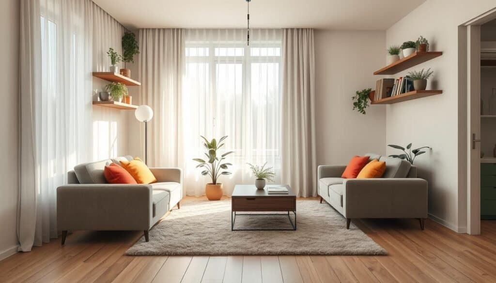 A cozy apartment living room designed with small space solutions. In the foreground, a stylish, compact sofa adorned with colorful cushions rests against a wall filled with floating shelves displaying plants and books. In the middle, a multifunctional coffee table with storage features can be seen, surrounded by a plush area rug that adds warmth. The background includes a large window allowing soft, natural light to fill the room, illuminating the light wood flooring and airy curtains. A small indoor plant sits in the corner, enhancing the relaxed atmosphere. The overall mood is inviting and calming, showcasing a modern yet functional living space ideal for cozy gatherings. The scene is captured with a slightly elevated angle, enhancing the depth and spaciousness of the design.