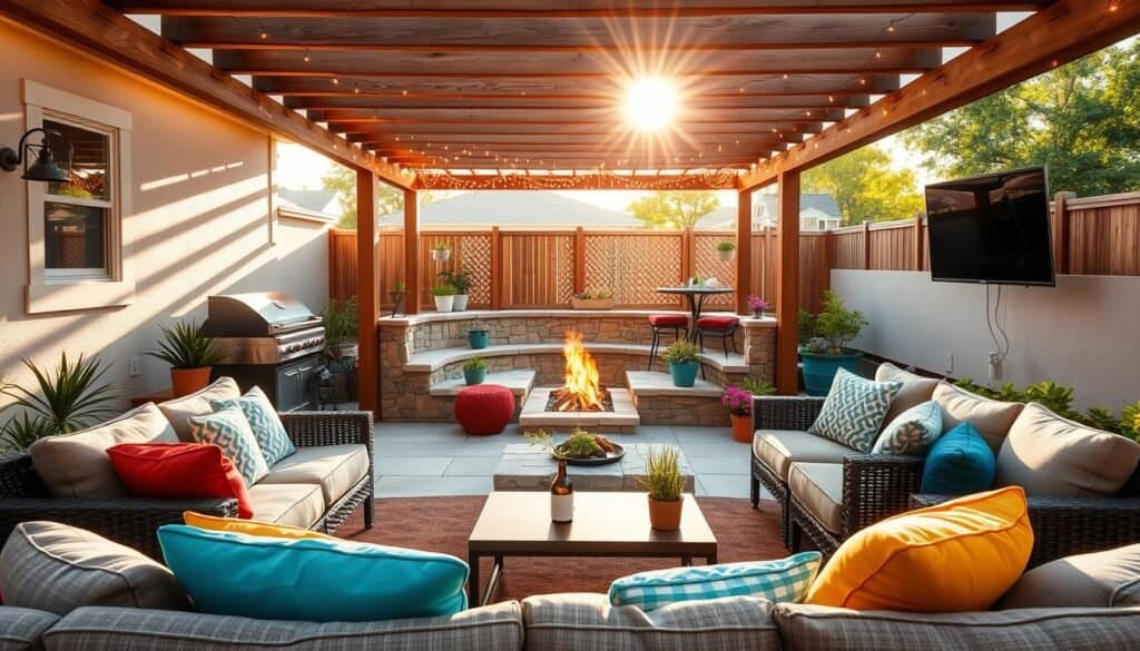 A cozy backyard entertainment area, designed for relaxation and social gatherings. In the foreground, a comfortable seating arrangement with plush outdoor sofas, adorned with colorful cushions. Small, low tables are scattered around, displaying snacks and drinks. The middle layer features a built-in barbecue grill and a fire pit surrounded by stone seating, inviting warmth. Vibrant potted plants and subtle landscaping add greenery to the scene. In the background, a wooden pergola draped with fairy lights casts a warm glow in the soft sunlight, enhancing the inviting atmosphere. The entire space is bathed in bright, natural light, creating an airy and cheerful ambiance. The angle captures the entirety of the area, emphasizing functionality and comfort in the design.