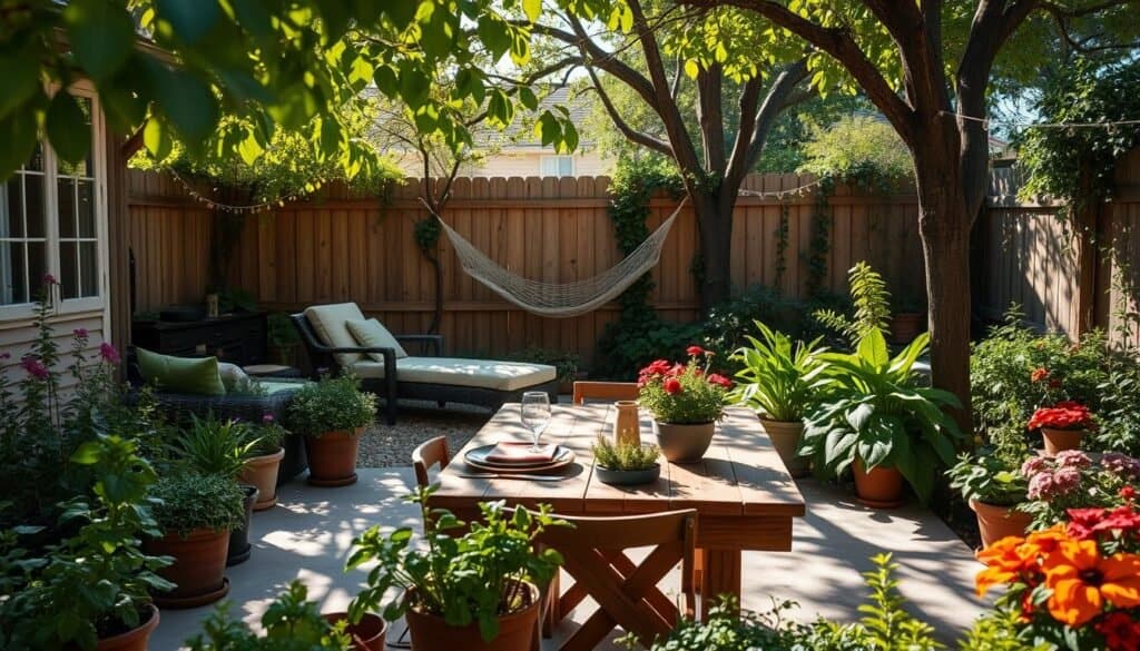 A cozy backyard garden with a rustic wooden dining table set for a meal, surrounded by lush greenery and colorful flower beds. In the foreground, various potted herbs and flowers add pops of color and texture. The middle ground features comfortable outdoor seating, perhaps a hammock strung between two trees, inviting relaxation. The background showcases a wooden fence adorned with climbing vines and fairy lights, creating a warm ambiance. Bright natural light filters through the leaves, casting soft shadows on the ground, enhancing the inviting atmosphere. Capture this scene using a wide-angle lens to emphasize the depth and beauty of the space, evoking a sense of tranquility and connection with nature.