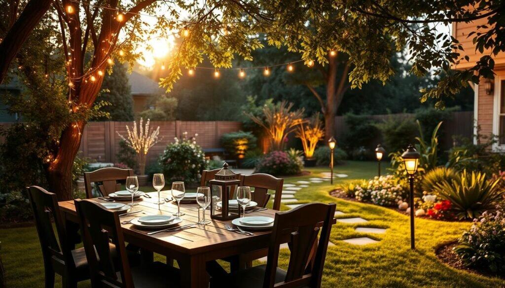 A cozy backyard illuminated with layered lighting for a perfect ambiance. In the foreground, a wooden dining table set with elegant place settings, surrounded by stylish chairs. In the middle, softly glowing string lights hanging between trees, complemented by solar path lights guiding the way. Decorative lanterns can be seen on the table, casting warm, inviting light. In the background, lush greenery and carefully placed flower beds enhance the atmosphere, with soft sunlight filtering through the leaves, creating playful shadows. The overall mood is serene and welcoming, perfect for entertaining or relaxing, captured with a wide-angle lens at golden hour to emphasize the softness of light and shadows. No people are present, ensuring a focus on the enchanting lighting design.