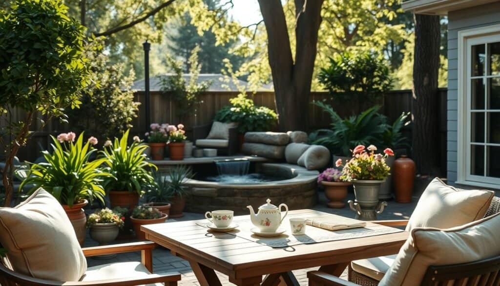 A cozy backyard retreat featuring a serene outdoor seating area. In the foreground, a rustic wooden table adorned with soft cushions and a delicate table runner set for afternoon tea. The middle ground includes lush green plants and blooming flowers in decorative pots, creating a vibrant yet peaceful atmosphere. In the background, a gentle flowing water feature adds tranquility, surrounded by tall trees filtering soft sunlight into the scene. The image should capture a bright, natural light with an airy feel, emphasizing calmness and relaxation. Use a wide-angle lens to encompass the entirety of the retreat, illustrating an inviting space perfect for unwinding. The overall mood conveys peace and comfort, evoking a sense of escape in your own backyard oasis.