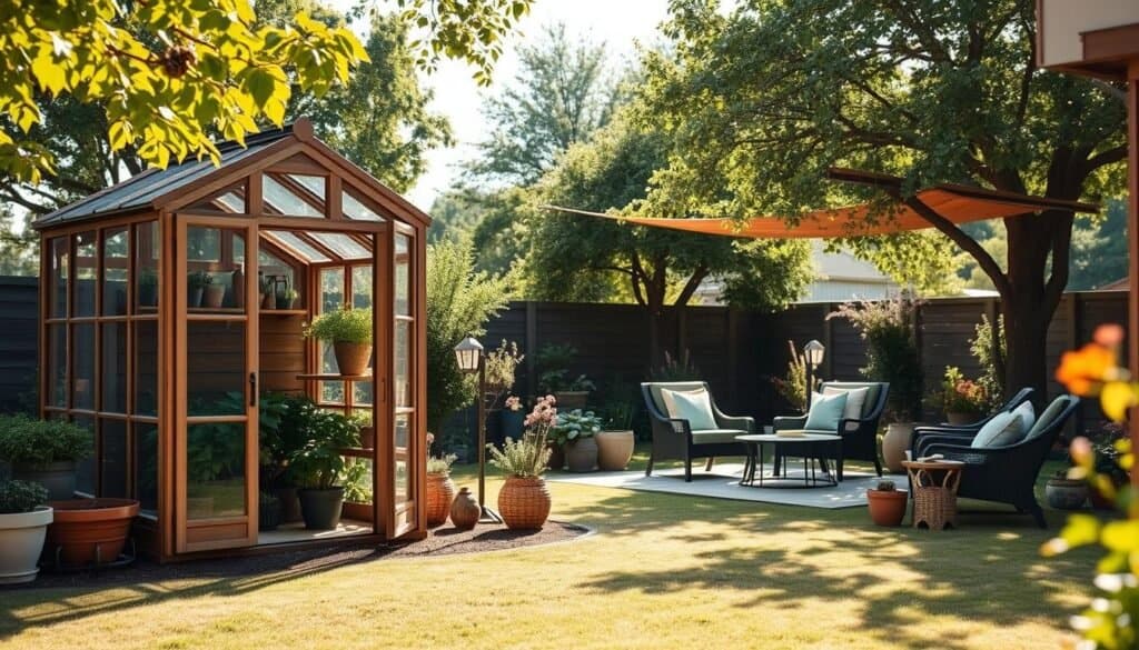 A cozy backyard scene featuring a variety of DIY greenhouse ideas designed for comfort and weather protection. In the foreground, a small greenhouse made of wood and glass, with potted herbs and lush plants inside, showcasing an inviting environment. The middle ground includes a shaded seating area with comfortable chairs, surrounded by flowering plants and outdoor lighting. The background is a well-maintained garden with trees that provide additional shade. Soft, diffused sunlight filters through the leaves, casting gentle shadows while creating an airy and bright atmosphere. The overall mood is tranquil and inviting, perfect for year-round outdoor living, captured at a slight angle to emphasize depth.