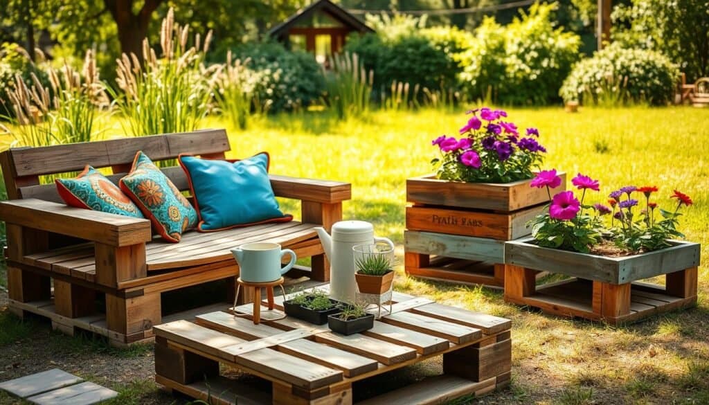 A cozy backyard scene showcasing a variety of DIY pallet projects. In the foreground, a rustic pallet bench adorned with colorful cushions invites relaxation. Nearby, a small pallet coffee table holds a steaming cup of tea and potted herbs. In the middle, reclaimed wood planters overflow with vibrant flowers, adding pops of color. The background features a lush garden with tall grass and soft sunlight filtering through trees, creating an airy atmosphere. The warm, bright natural light casts gentle shadows, enhancing the textures of the wood. The overall mood is inviting and tranquil, perfect for outdoor living. Capture this as a detailed, realistic image with a focus on the craftsmanship and natural beauty of the materials.