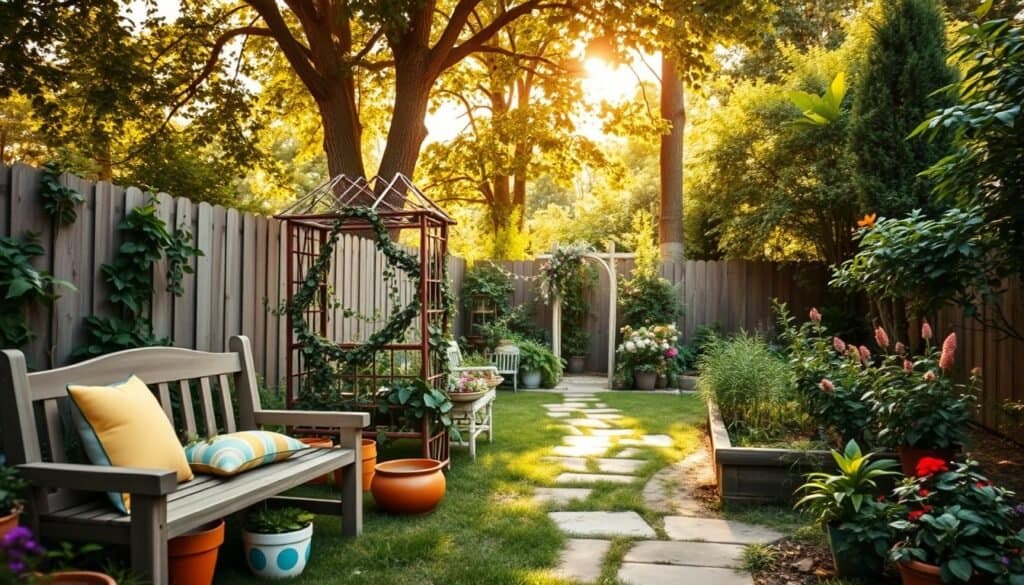 A cozy backyard scene showcasing a variety of whimsical DIY garden projects. In the foreground, hand-painted flower pots and a quaint wooden bench adorned with colorful cushions invite relaxation. The middle ground features a small, intricate trellis covered in climbing vines and fairy lights, while a charming stone path leads to a vibrant herb garden. In the background, lush greenery and tall trees provide a sense of privacy, softly illuminated by warm, golden sunlight filtering through the leaves. The atmosphere is inviting and serene, perfect for enjoying nature. Capture this image with a wide-angle lens, emphasizing depth and inviting details, under clear, bright skies.