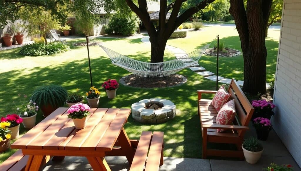 A cozy backyard scene showcasing an optimized seating arrangement for comfort and usability. In the foreground, a beautifully designed wooden picnic table with matching benches, surrounded by colorful potted flowers and greenery. The middle ground features a well-placed hammock strung between two trees, inviting relaxation. A small fire pit made of natural stone provides warmth and a focal point. In the background, there's a lush lawn with shaded areas, and a pathway winding through the garden. The scene is bathed in soft, natural sunlight, creating a warm, inviting atmosphere. Capture this from a slightly elevated angle to highlight the layout and flow of the space, emphasizing the harmony between seating and nature.