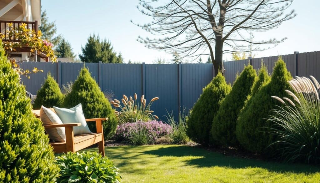 A cozy backyard scene showcasing strategic plant placement for wind protection. In the foreground, a wooden bench with comfortable cushions sits invitingly, surrounded by a series of carefully arranged tall shrubs—such as boxwoods and ornamental grasses—that demonstrate their role as natural windbreaks. In the middle ground, a vibrant flower bed adds color and habitat diversity, while a gently swaying tree stands nearby, its branches indicating the wind direction. The background features a soft, blurred fence and a clear blue sky that allows bright natural light to flood the scene, illuminating the plants and creating soft shadows. The atmosphere conveys tranquility and comfort, ideal for relaxed outdoor gatherings. The composition is framed at eye level, emphasizing depth and perspective in this peaceful outdoor setting.