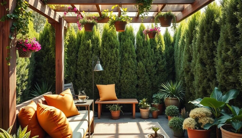 A cozy backyard seating area designed for privacy and comfort, featuring a rustic wooden pergola adorned with climbing greenery and vibrant hanging pots of flowers. In the foreground, plush, inviting cushions in warm tones are arranged on a wooden bench, accompanied by a small, decorative side table holding a steaming cup of tea. The middle ground showcases a soft, outdoor rug and various potted plants, contributing to a lush atmosphere. In the background, tall hedges create a natural privacy screen, filtered by bright, soft sunlight that illuminates the space, casting gentle shadows. Capture this serene outdoor scene with a wide-angle lens to emphasize depth and make the area feel inviting and personalized, suitable for enjoying quiet moments.