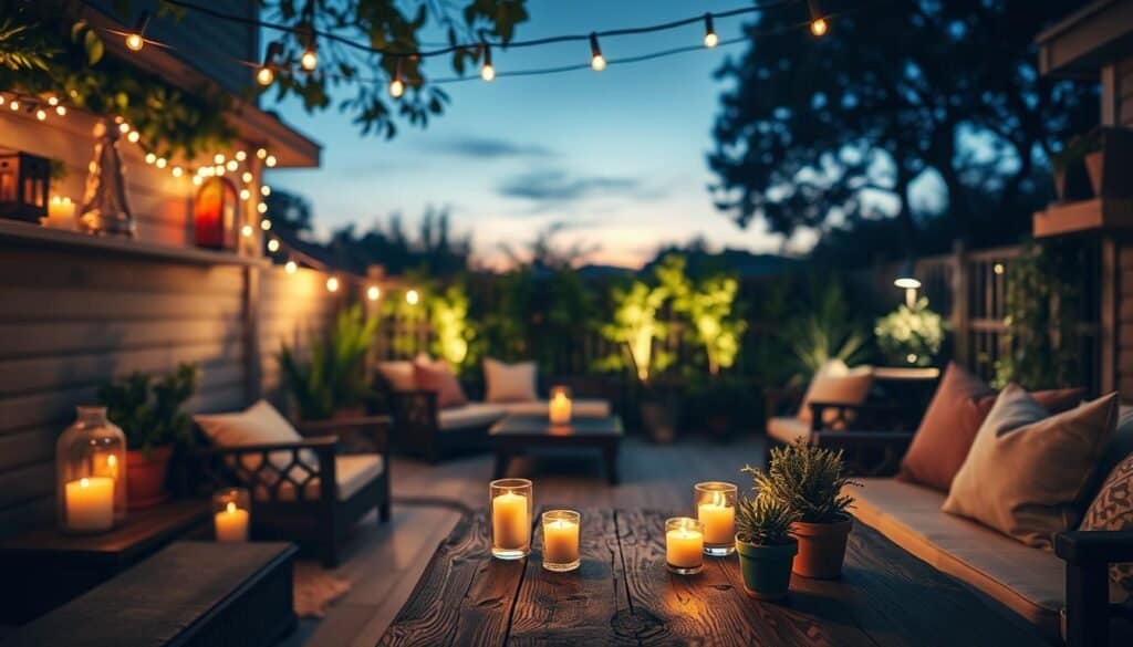 A cozy backyard seating area illuminated by strategically layered lighting to create a magical evening ambiance. In the foreground, a rustic wooden table adorned with flickering candles and small potted plants, casting warm, inviting shadows. Soft string lights hang above, their twinkling glow intermingling with the gentle light from lanterns on nearby shelves. In the middle ground, plush furniture with soft cushions invites relaxation, surrounded by lush greenery subtly illuminated by spotlights. The background features a serene, twilight sky, suggesting the onset of night while highlighting the warm tones of the scene. Capture this enchanting atmosphere using a warm color palette and soft focus, enhancing the cozy and inviting feel. The image should exude a peaceful, intimate mood perfect for evening gatherings.