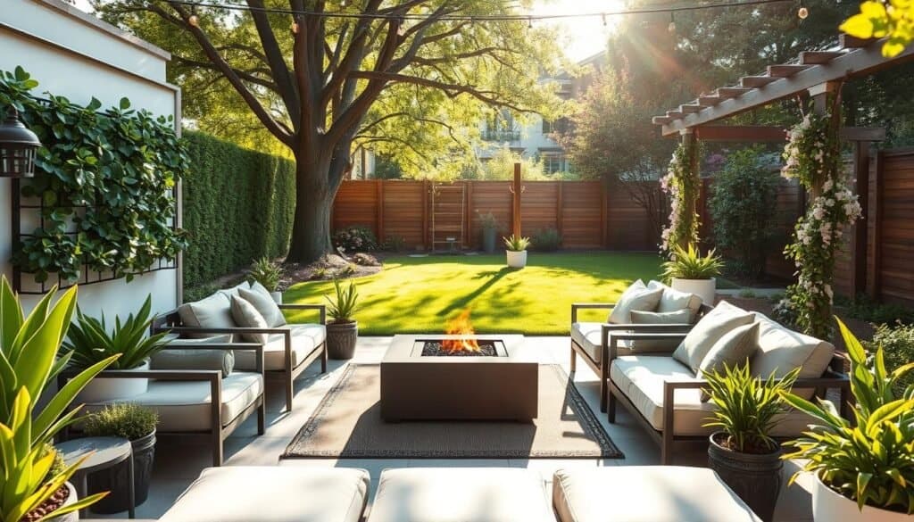 A cozy backyard space showcasing small space solutions. In the foreground, a stylish patio set with sleek, modern furniture set against a backdrop of lush greenery. Potted plants and vertical garden installations add refreshing touches, creating a sense of tranquility. In the middle, a compact fire pit surrounded by comfortable cushions invites relaxation, with fairy lights draping overhead for a warm glow. The background features a beautifully manicured lawn, a small water feature, and a trellis adorned with flowering vines. The scene is illuminated by bright, soft sunlight filtering through tree leaves, casting gentle shadows. Captured from a slightly elevated angle to emphasize depth, the image conveys a peaceful, inviting atmosphere ideal for unwinding and reconnecting with nature.